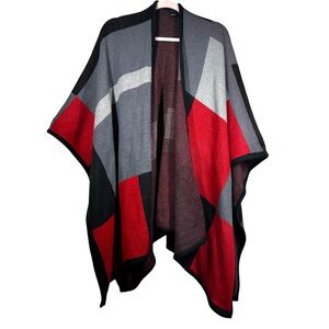 Red Black Gray Geometric Patterned Sweater Poncho